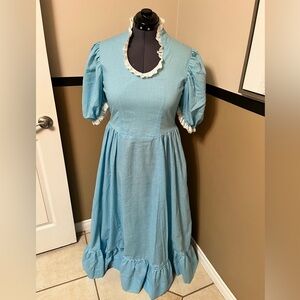 VTG Cottagecore Polka Dot blue Prairie Dress  M Lace Trim Calico Maxi Modest
